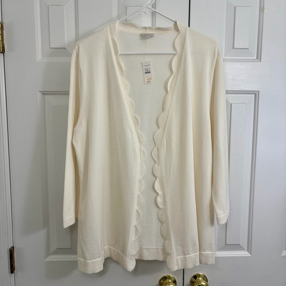 NWT New Talbots Cream Scalloped Open Front Cardigan Sweater Top Size Large